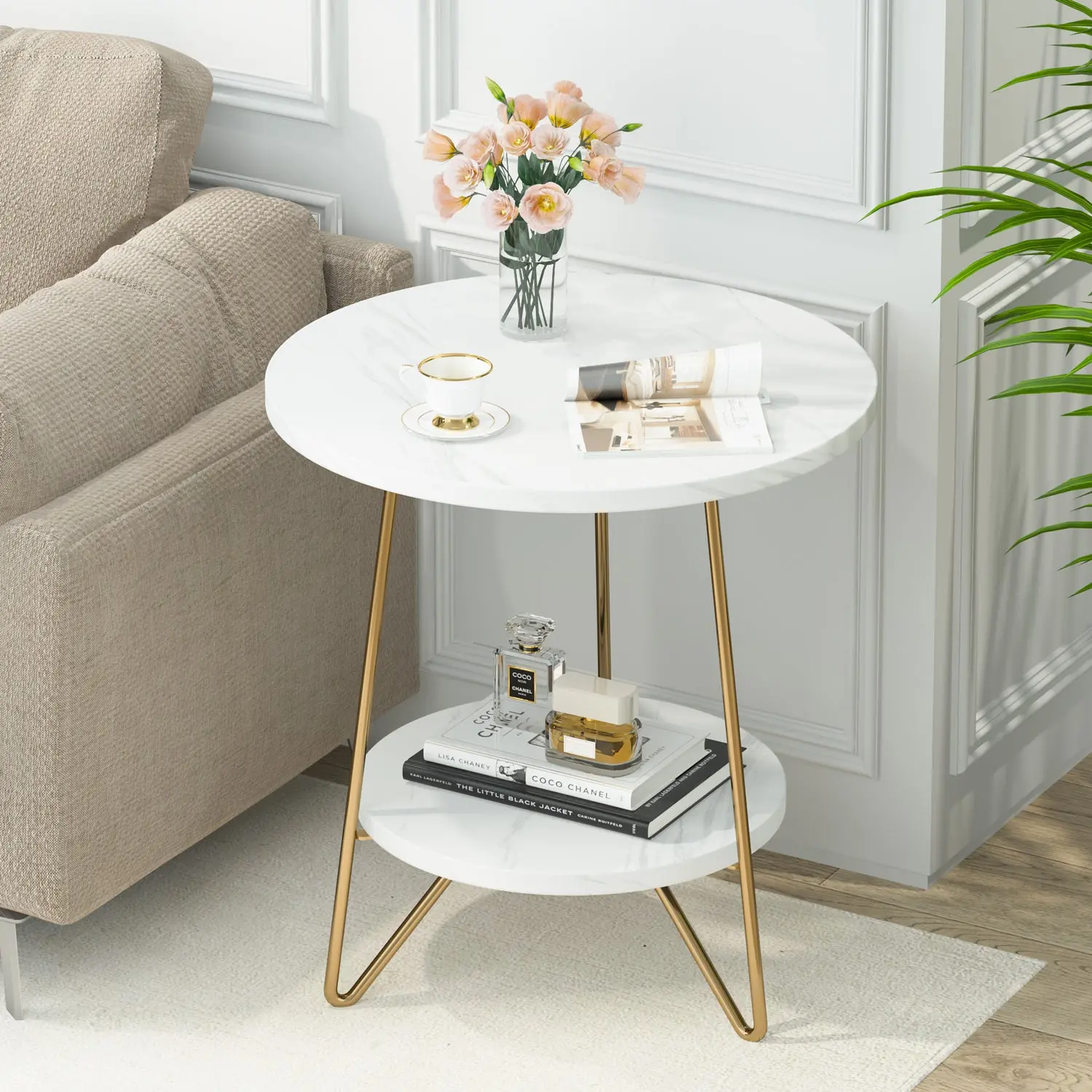 Spaco Faux Marble End Table,  Round Side Table with Shelves, Modern Gold Nightstand Bedside Table Small Coffee Accent Table for Living Room Bedroom,dorm essentials,home decor