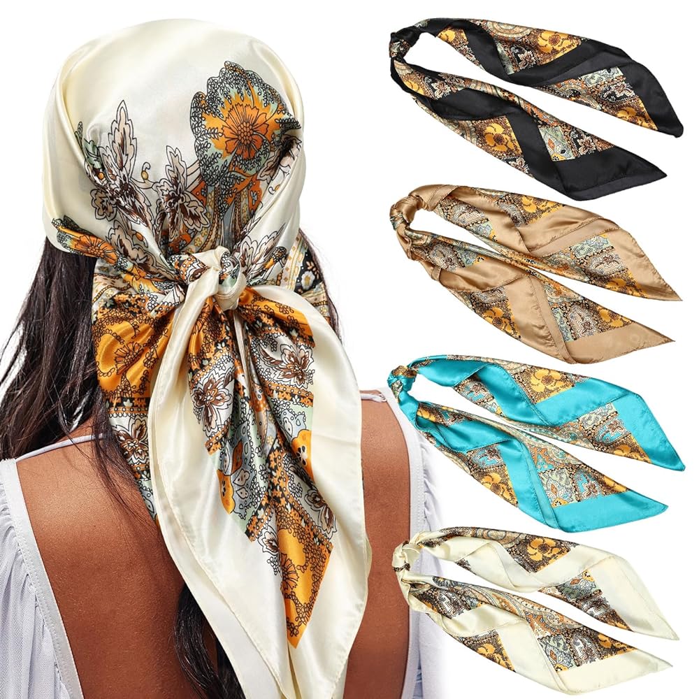 4PCS/Set 35'' Printed Square Head Scarf Silk Like Neck Scarves for Women Hair Kerchief Bandanas Scarf Sleeping Head Wraps Hair Band Headscarf Female Hair Accessories 4PCS/Set 35'' Printed Square Head Scarf Silk Like Neck Scarves for Women Hair Kerchief Bandanas Scarf Sleeping Head Wraps Hair Band Headscarf Female Hair Accessories
