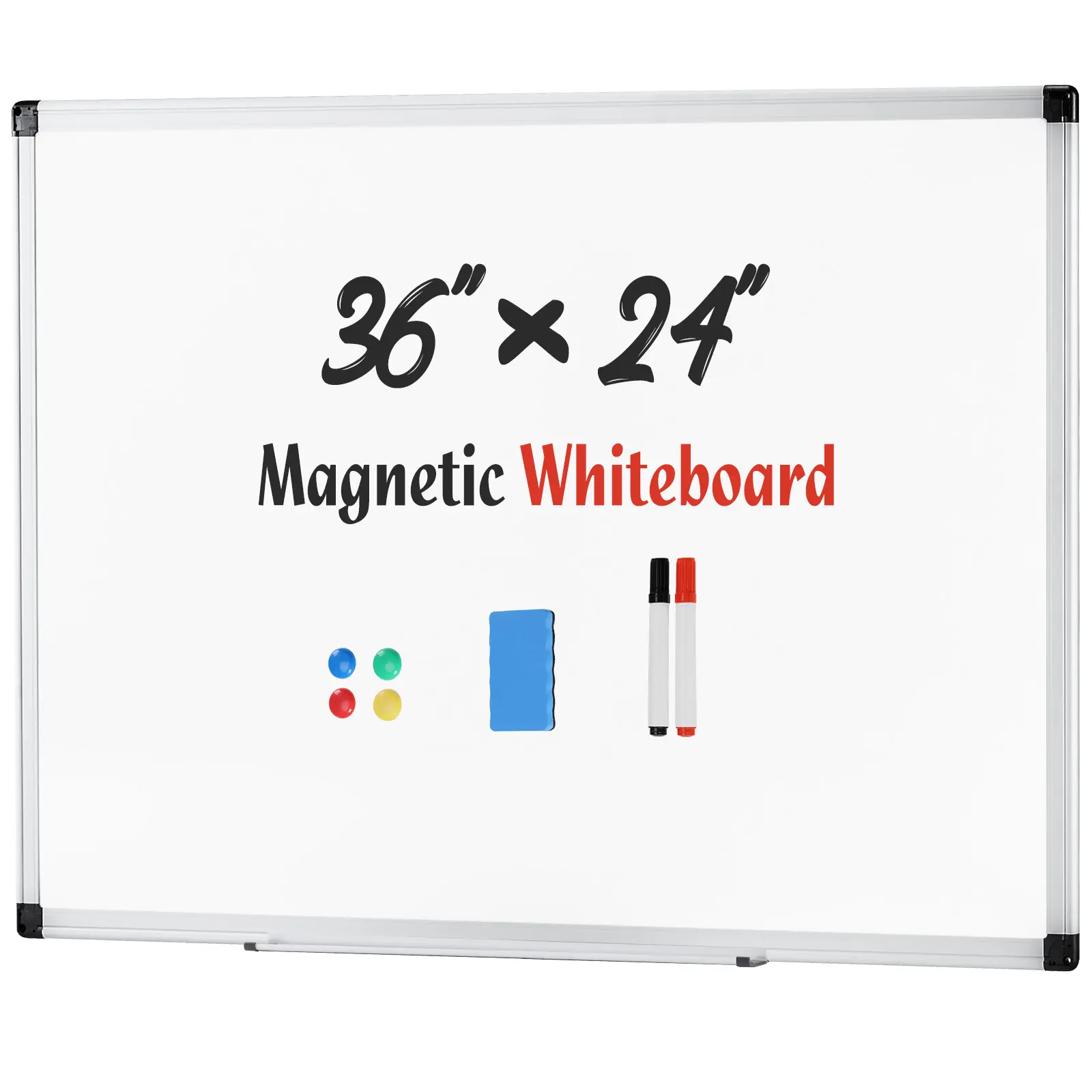 Magnetic Dry Erase Board, 36 X 24 Inch White Board, Sliver Reinforced Aluminum Frame,1 Dry Eraser & 2 Dry Erase Markers & 4 Push Pin Magnets