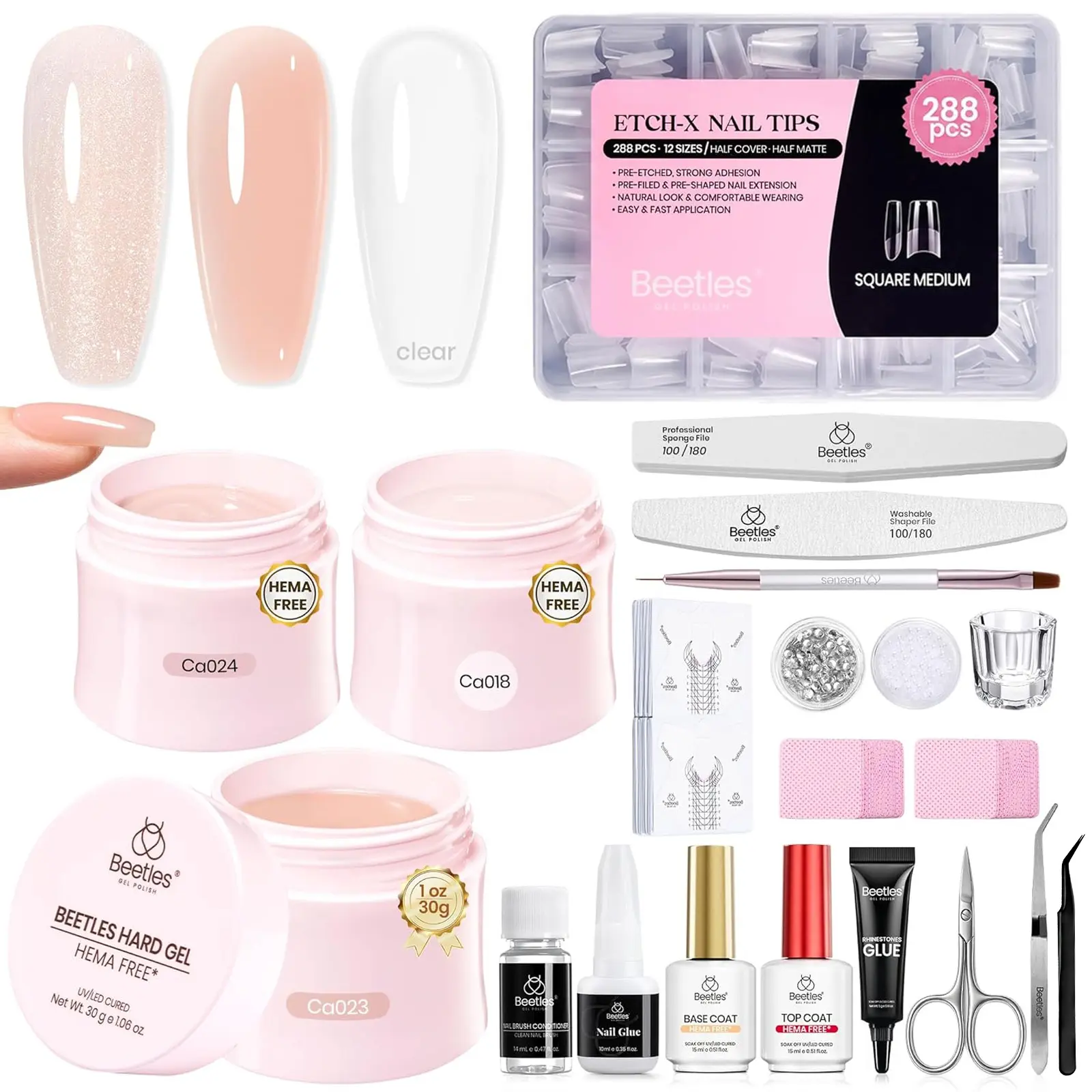 Beetles Hard Gel Kit HEMA-FREE, 3 Colors Sculpted Gel Kit&Nail Tips,for Extension Sculpting Building UV Nails,Nude Builder Gels for Salon Pros