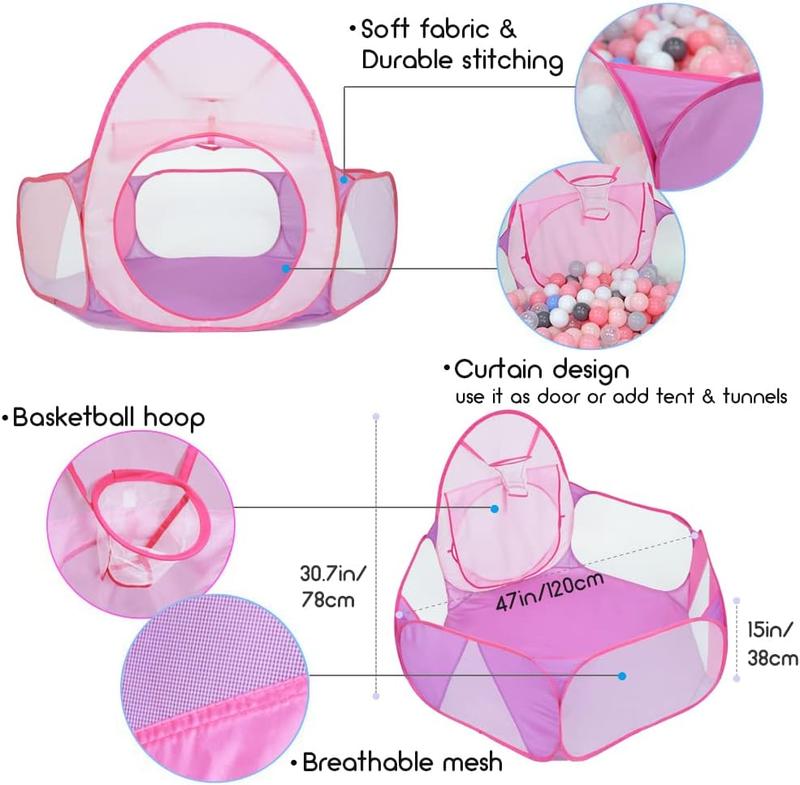 Christmas Gift for Kids Large 4FT Pink Ball Pit Tent with Basketball Hoop Pop Up Playhouse for Toddlers Indoor Outdoor Playpen with Zipper Bag Balls Not Included