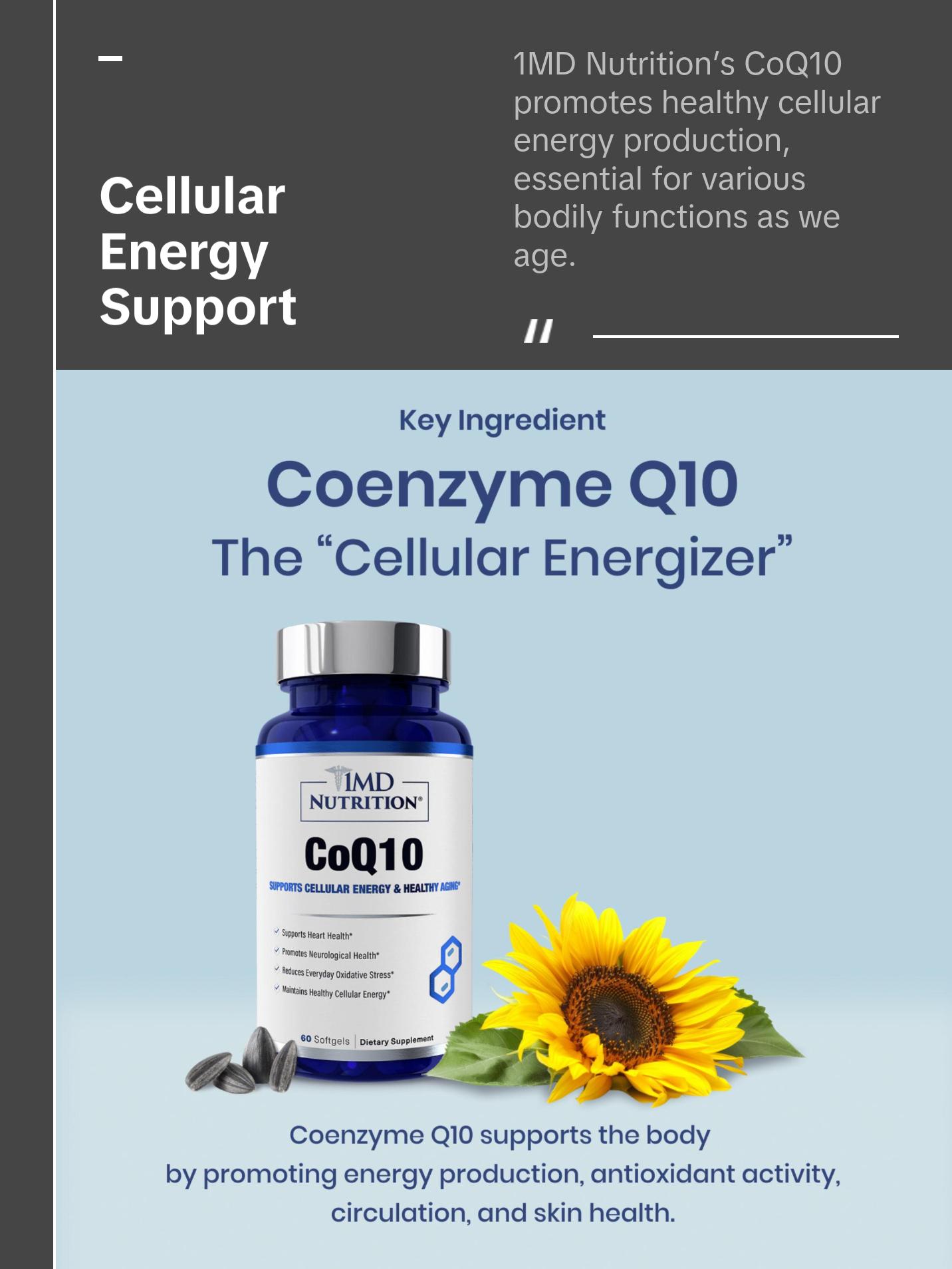 1MD Nutrition CoQ10 - Heart Health & Cellular Energy Production - Coenzyme Q10 Antioxidant Softgel Health Supplement - 2-Month Supply