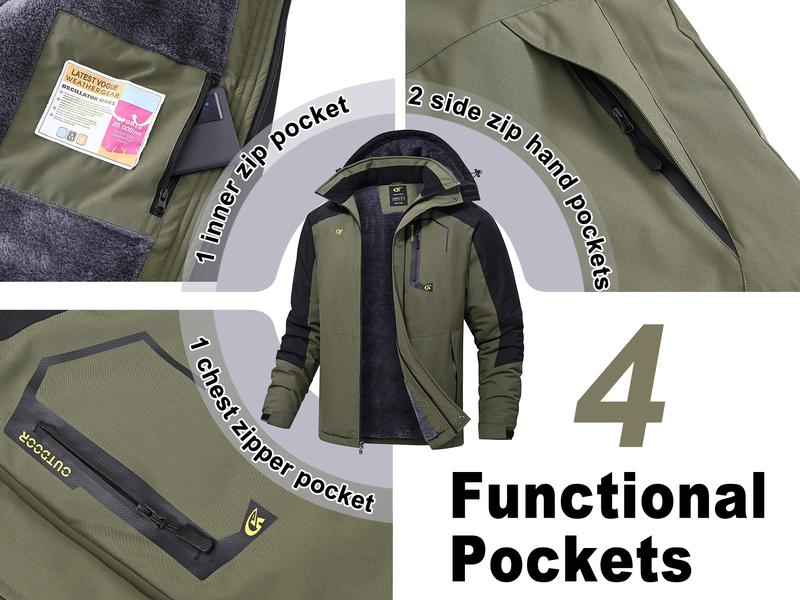 Men's Mountain Ski Jacket Waterproof Fleece Liner Snow Coat Warm Winter Windproof Hooded Raincoat