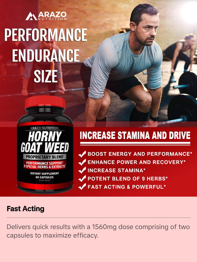 Arazo Nutrition Horny Goat Weed Proprietary Blend 1000mg Fast Acting Powerful 9 Herbs Tongkat Ali Saw Palmetto L Arginine 60 Capsules