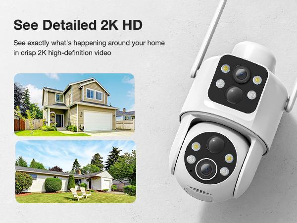 Dual Lens Solar Security Cameras Wireless Outdoor, 2K Full HD Video, 360° View Pan/Tilt Home Security Camera with Color Night Vision, Easy to Install, PIR Alarm, 2.4GHz WiFi