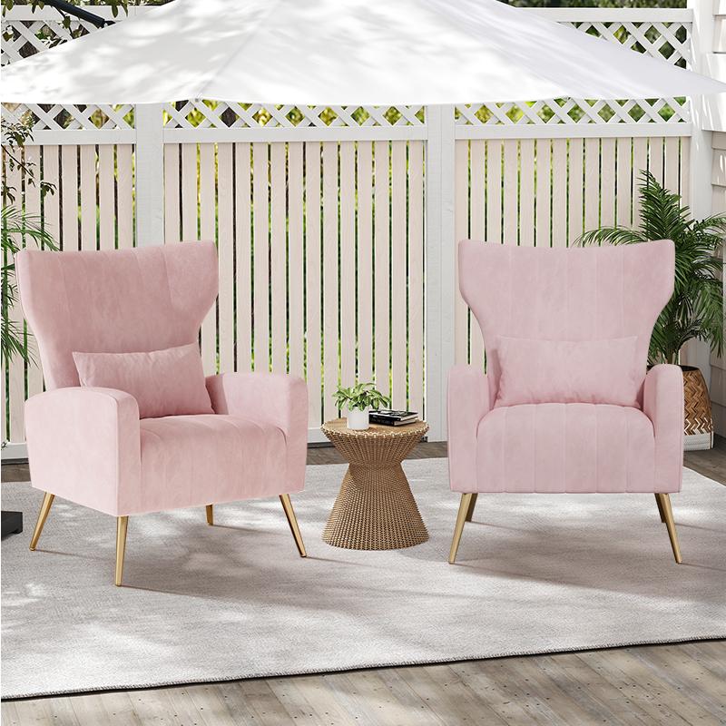 Velvet Accent Chair Wingback for Living Room, High Back Arm Chair with Golden Legs Lumbar Pillow, Upholstered Single Sofa Bedroom Beige