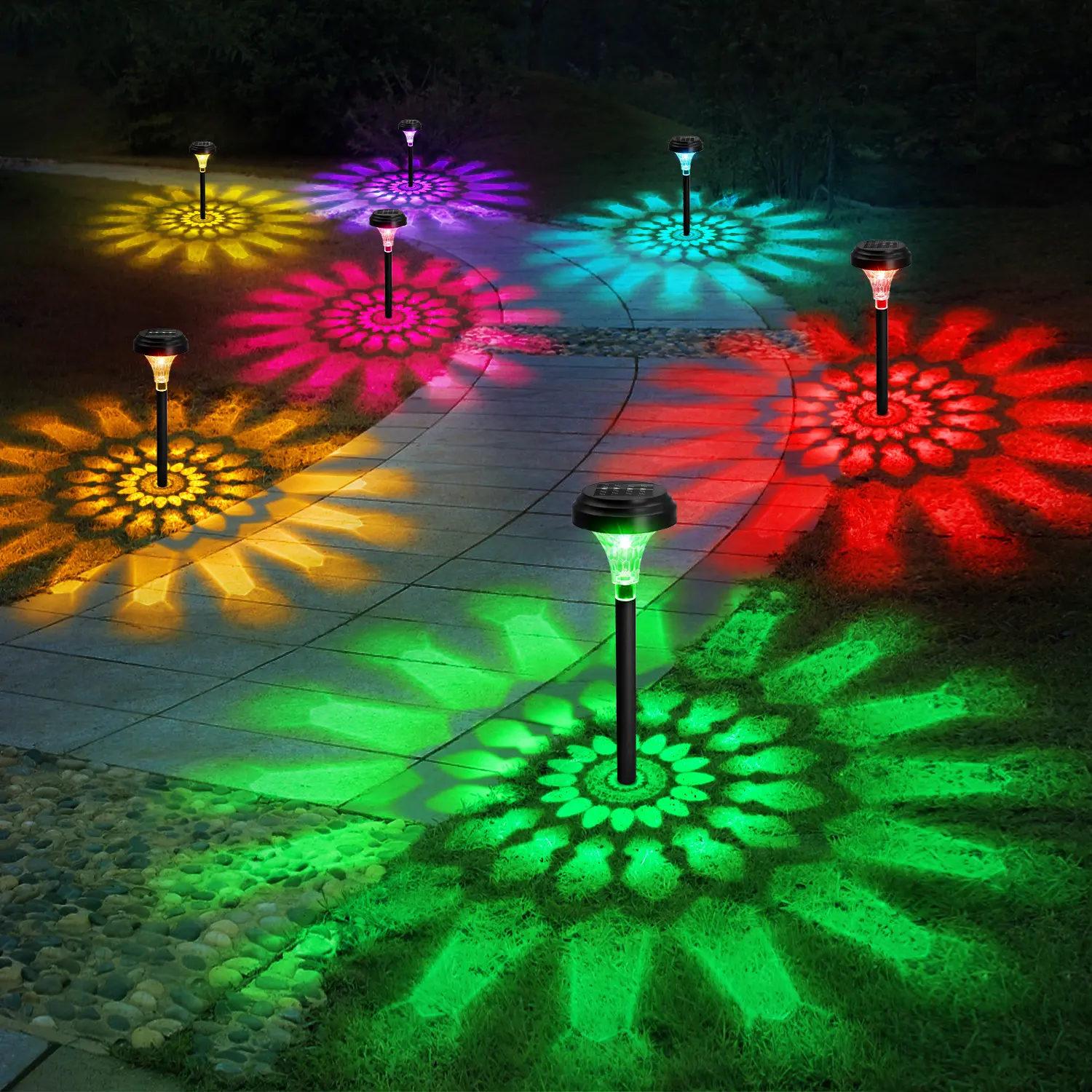 Nupostai Multicolor Sunflower Pattern Solar Energy Pathway Lights - Color Mode Switch (Color Changing, Warm White), IP67 Water Resistant, Auto-Work, Modern Outdoor Lighting, ABS Plastic, Battery-Powered, Gardening Decor Gift Idea, Batteries Included