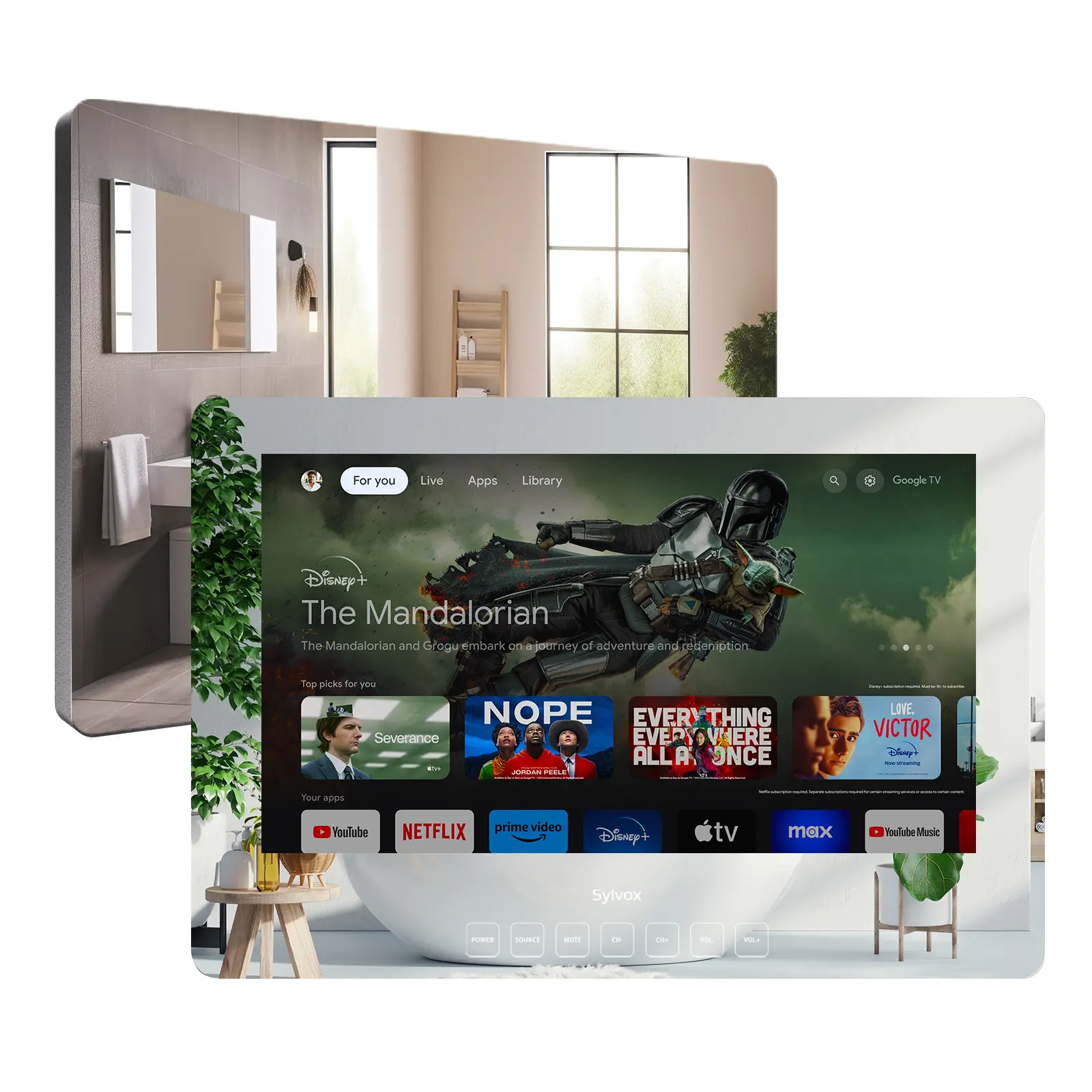 SYLVOX Smart Bathroom TV with Google System, IP66 Waterproof, 1080P 500nits, Dual Front Speakers, WiFi Bluetooth (Wall Mount)