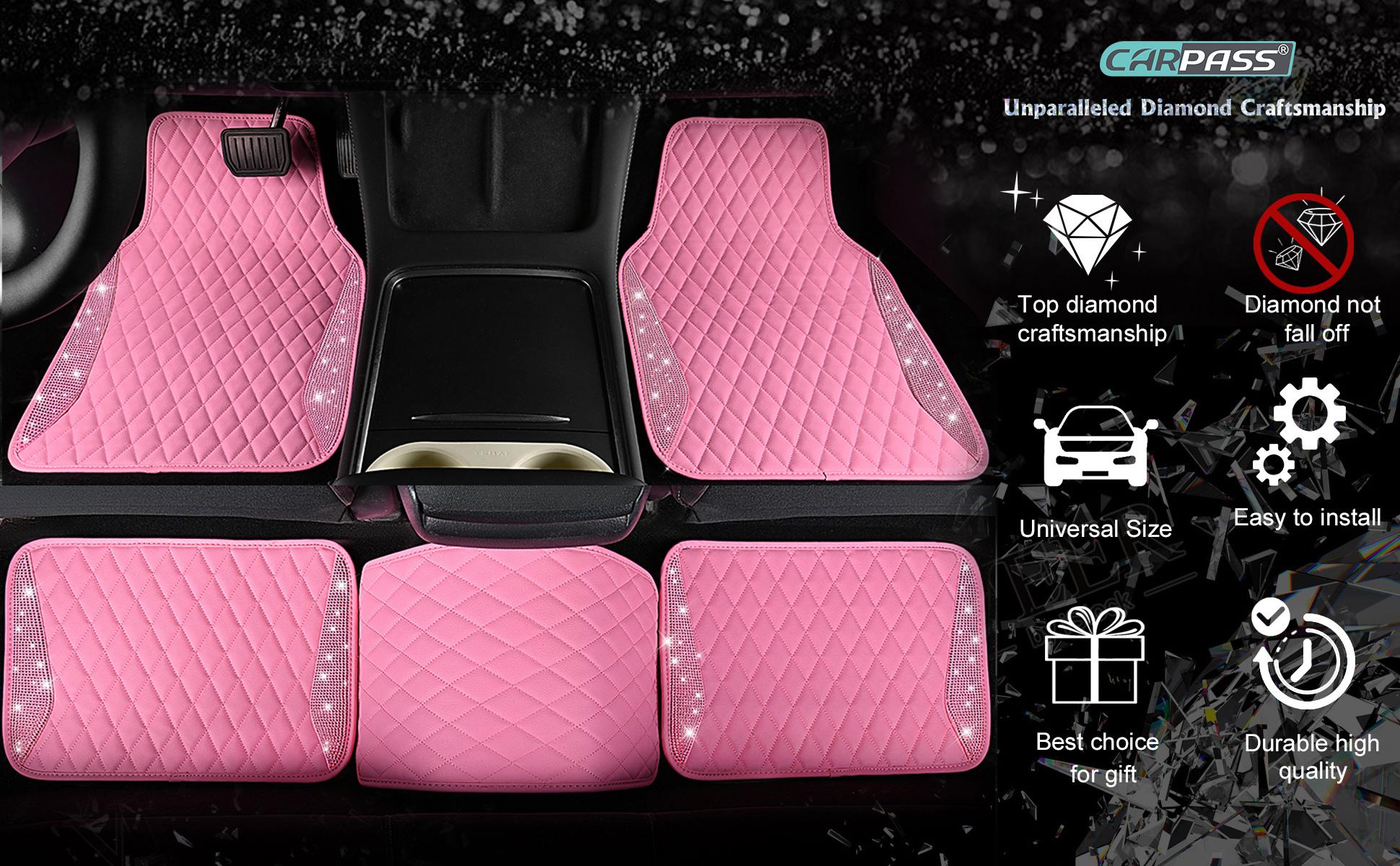 CAR PASS 5pcs Pink Bling Leather Car Mats Shining Diamond Rhinestones Sparkly Anti-Slip Waterproof Universal Fit Automotive SUV,Sedan,Van,Girl Women