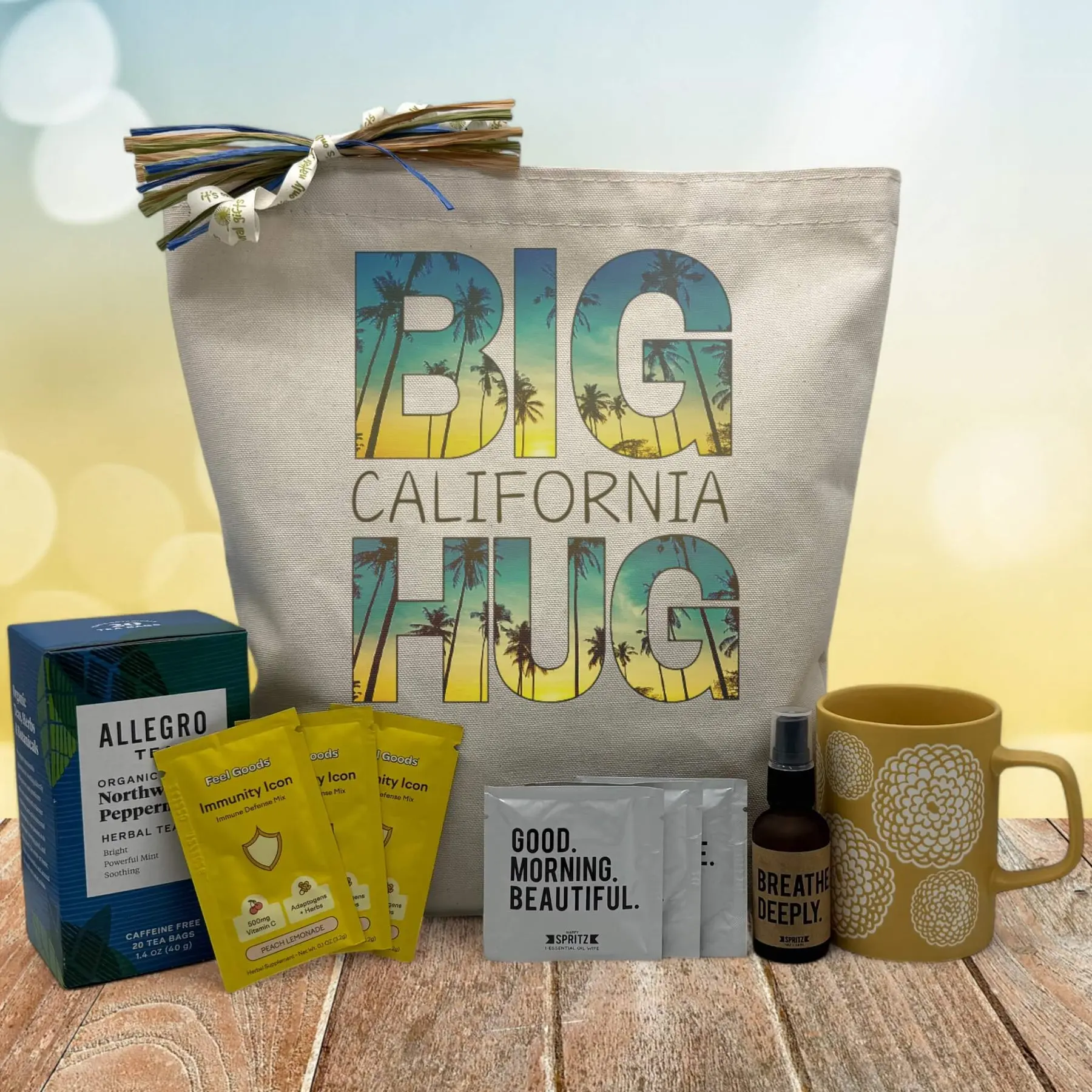 Itsonlynaturalgifts Big California Hug Gift Basket Hand Packed USA with Marigold Mug Organic Green Tea Essential Oil Towelettes & Self Care Essentials