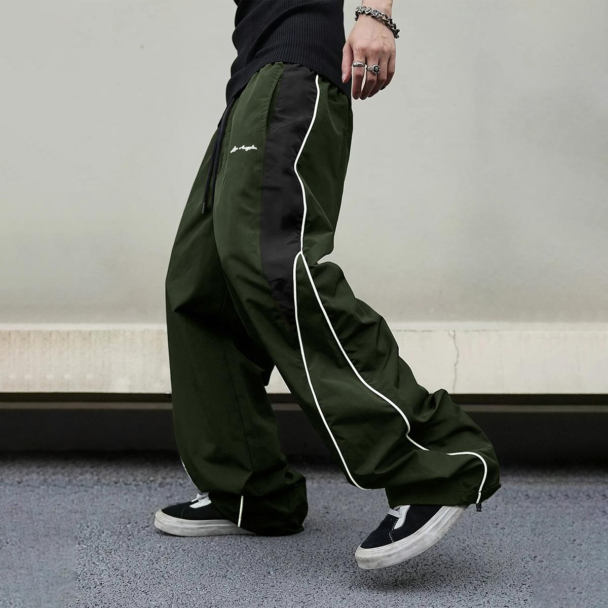 Men's high street style contrasting color splicing side striped tied wide-leg pants, American retro Los Angeles printed design loose drape sweatpants, multi-color optional thin casual pants are suitable for spring and summer wear