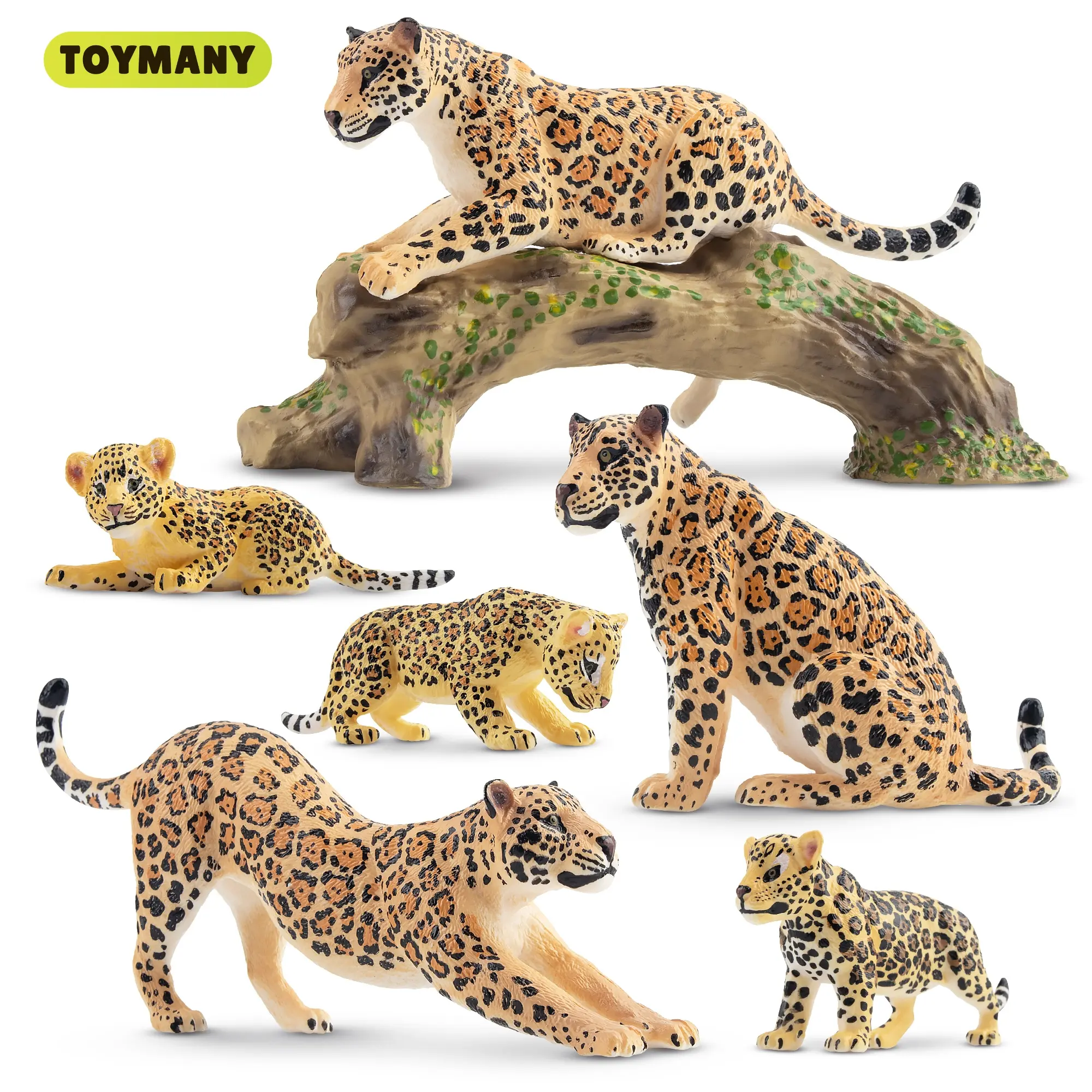 TOYMANY 7PCS Realistic Miniature Animal Figurine Action Figures Playset - Durable PVC Solid Plastic Unisex Set with Cub, 1 Tree Trunk, Cute Collectibles, Educational Jungle Cake Toppers, Gift Ideas for Kids, Realistic Look