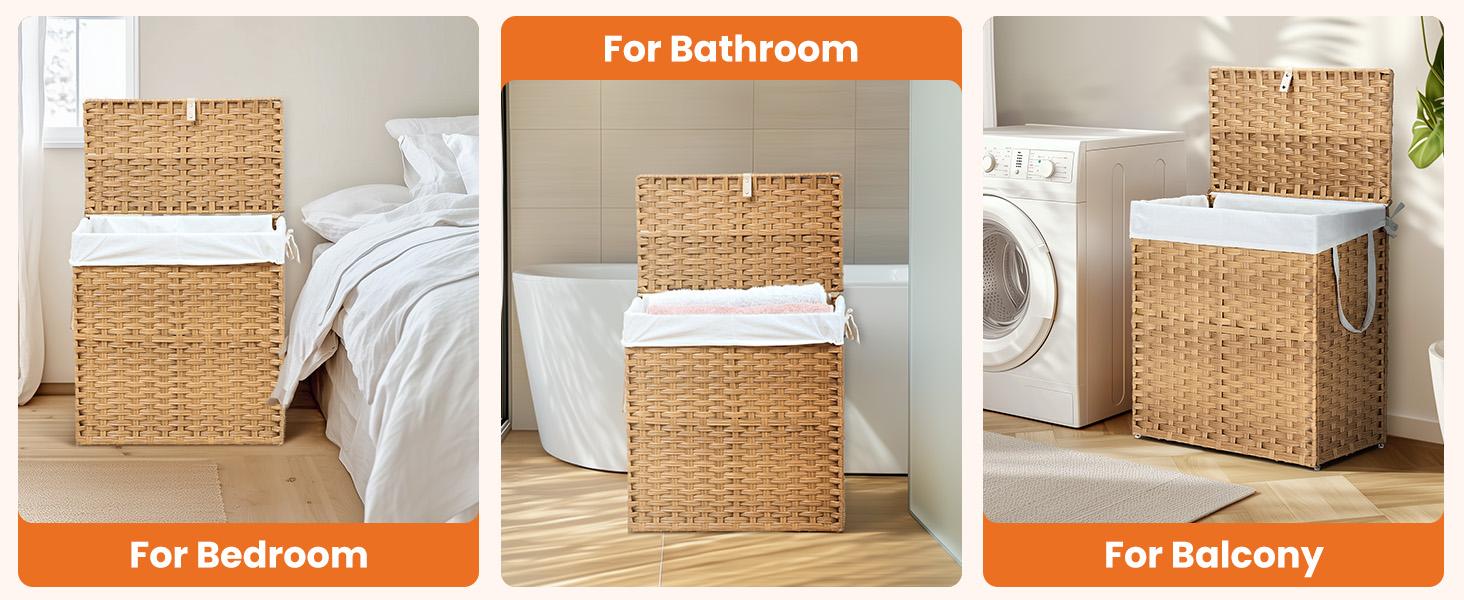 Woven Rattan Laundry Hamper with Adjustable Lid, Dirty Clothes Busket, Foldable, Steel Frame, Machine Washable for Home, Bathroom, Bedroom
