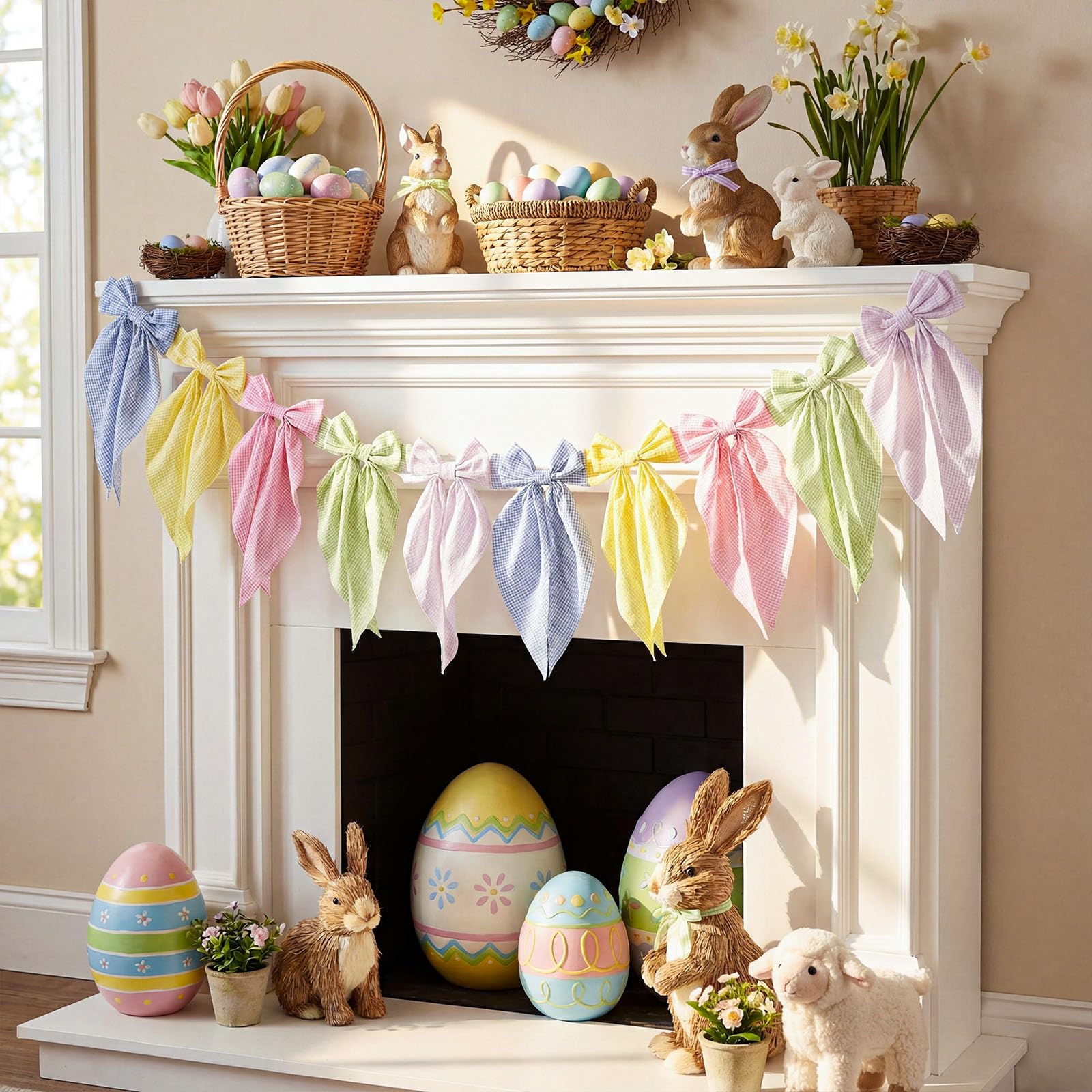 Easter Bow Garland Pastel Fluffy Tulle Satin Bow Banner Bunny Ear Plaid Pink Bow Garland Cute Hanging Wreath Garland for Mantle Fireplace Wall Door Mantel Decor, Spring Indoor Outdoor Home Table Backdrop Easter Decor 2026 Festive Party Supplies & Gifts