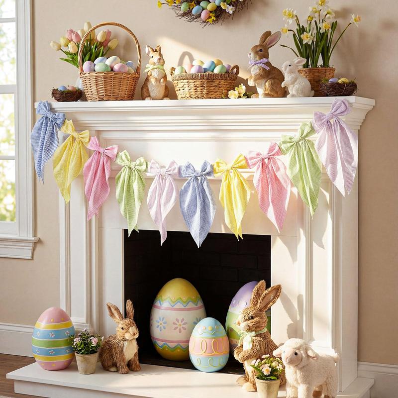 Easter Bow Garland Pastel Fluffy Tulle Satin Bow Banner Bunny Ear Plaid Pink Bow Garland Cute Hanging Wreath Garland for Mantle Fireplace Wall Door Mantel Decor, Spring Indoor Outdoor Home Table Backdrop Easter Decor 2026 Festive Party Supplies & Gifts