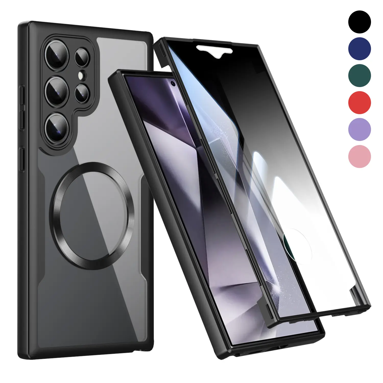 Magnetic Phone Case with 360° Full Coverage, Built-in Screen Protector for Samsung Galaxy S26 Ultra, S25, S24, S23, S22 - Rugged Hybrid Silicone Bumper, Transparent Back, Shockproof Anti-Drop Mobile Accessories Cover
