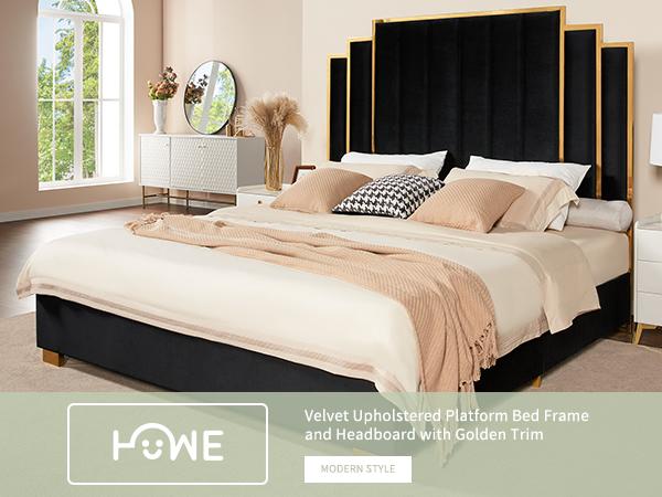 VanAcc Bed Frame and 65" Headboard, Upholstered Bed with Golden Plating Trim, Modern Platform Bed No Box Spring Needed/Christmas Gift