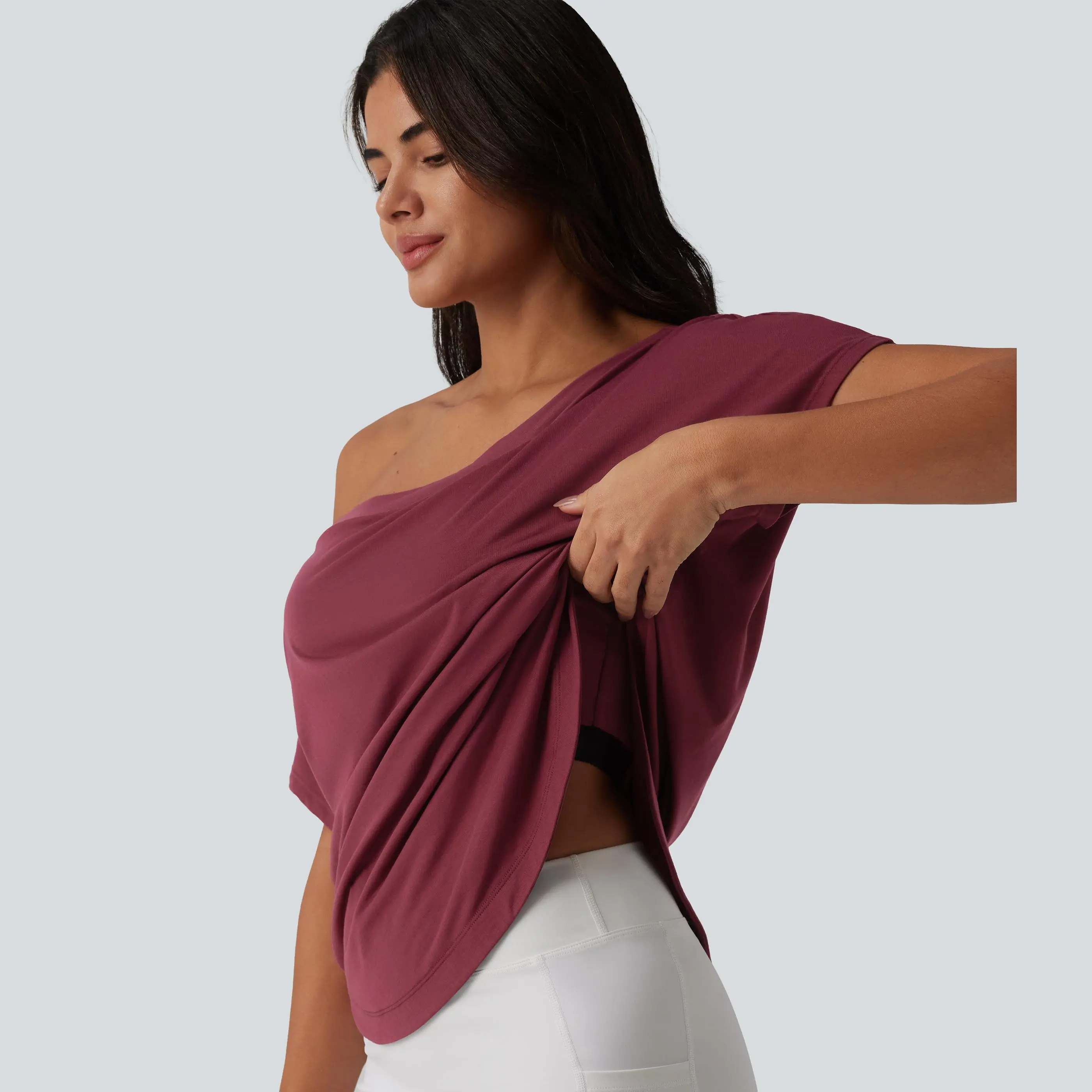 【Creator’s Pick】Halara One Shoulder Short Sleeve Curved Hem High Low Quick Dry Yoga Sports Top-Built-in Bra