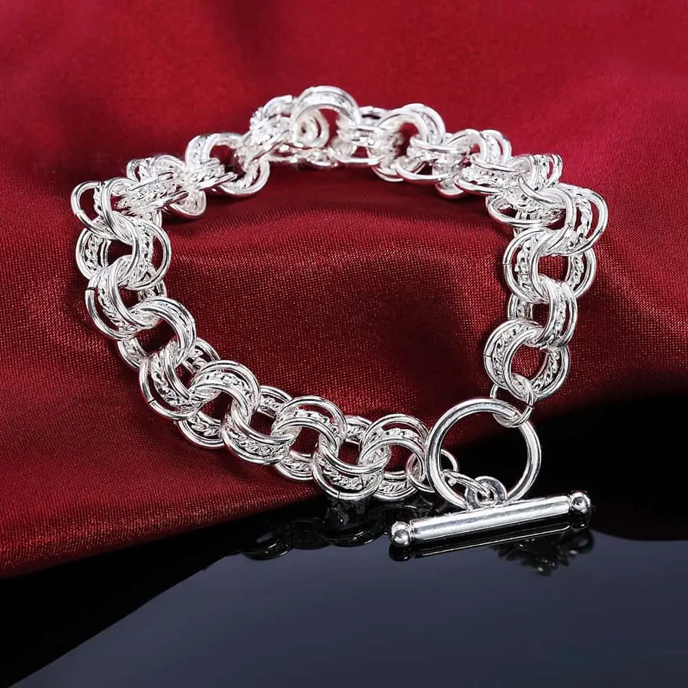 Women's 925 Solid Silver Chunky Link Bangle - Heavy Interlocking Weave Chain with OT Toggle Clasp, 20cm/7.87in Vintage Bracelets, 1-Handed Putting On and Taking Off, Quiet Luxury Minimalist Wrist Stack Jewelry for Adults' Daily Wear, Elegant, One-Handed P