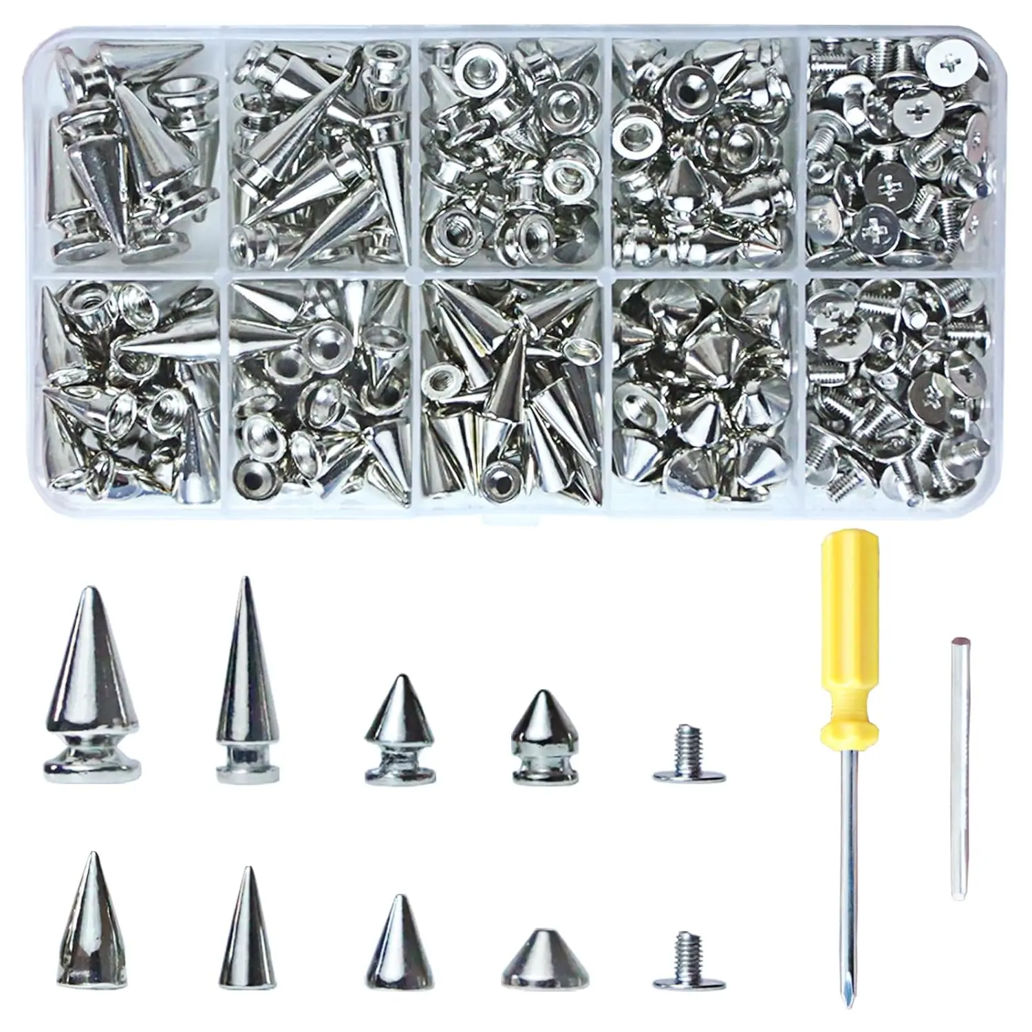 Assorted Styles 623 Sets Screw Back Studs and Spikes Kit with Tools Silver Leather Craft Rivets Bullet Cone for Leathercraft, Punk Clothing DIY Accessories