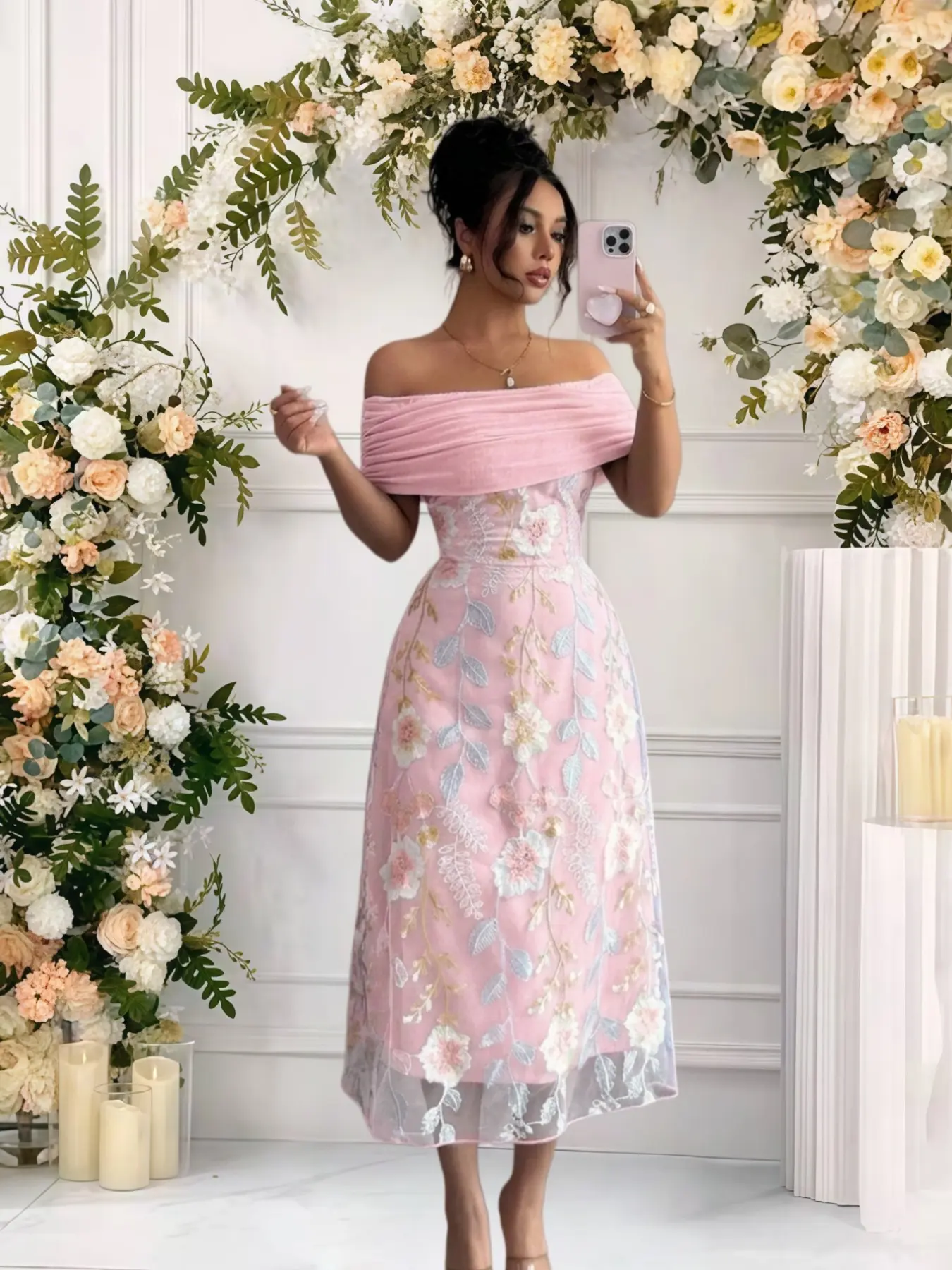 Elegant Floral Design Mesh One-Shoulder Dress for Women, Floral Body Con Slim-Fitting All-Seasons Fashion, 7963 Model, Perfect for Special Occasions, Formal Wear, Dresses for Party