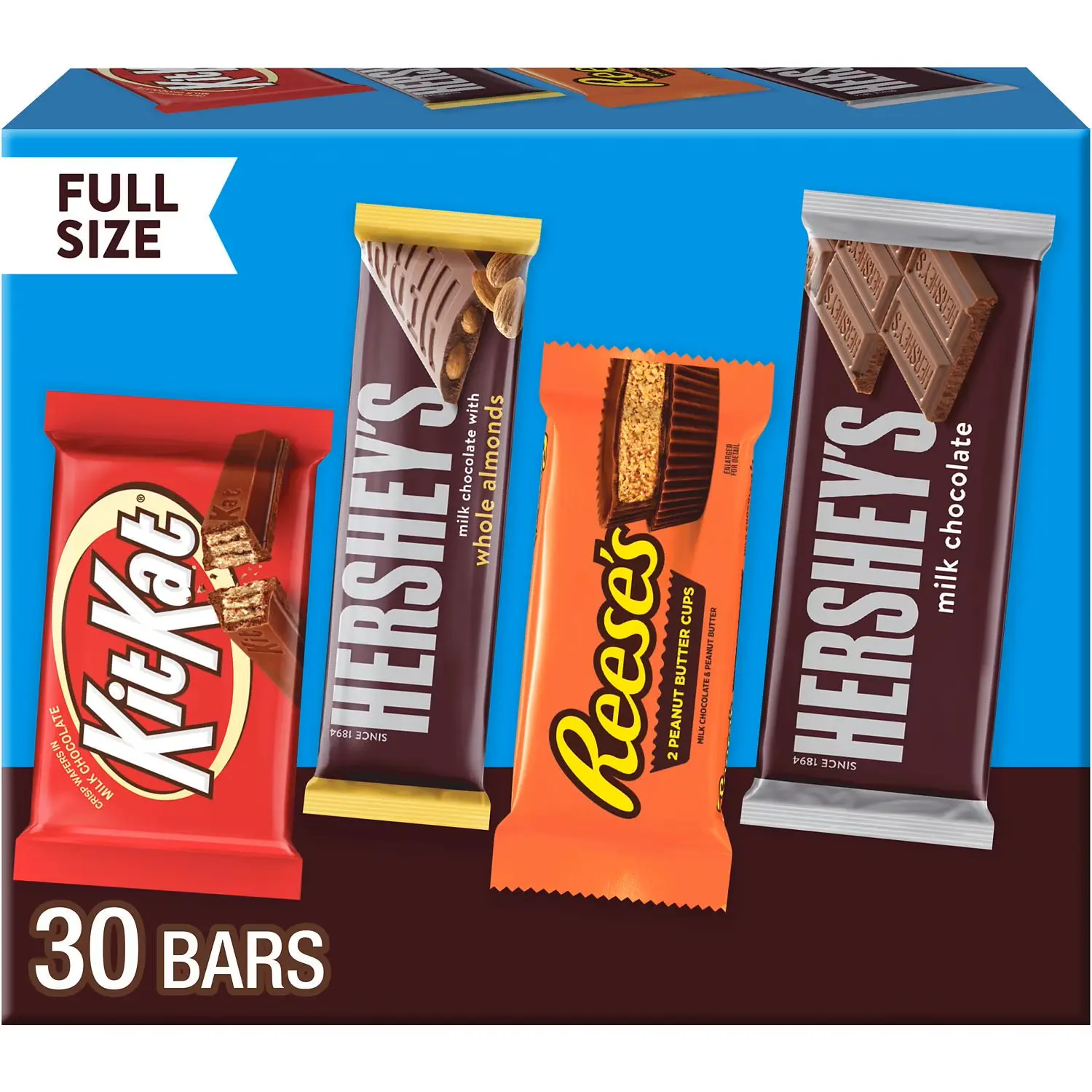 HERSHEY'S, KIT KAT, REESE'S Individually Wrapped Assorted Milk Chocolate Candy Variety Box (30 Bars) - Peanut-Containing Ambient Cupboard-Stored Snacks for All Ages, Concession Stands, with Allergy Information Note