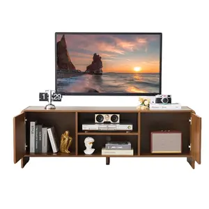 Giratree Modern Walnut TV Stand for 32–65 Inch TVs, 58.27" Media Console with 2 Door Cabinets & Open Storage, Wooden Entertainment Center for Living Room