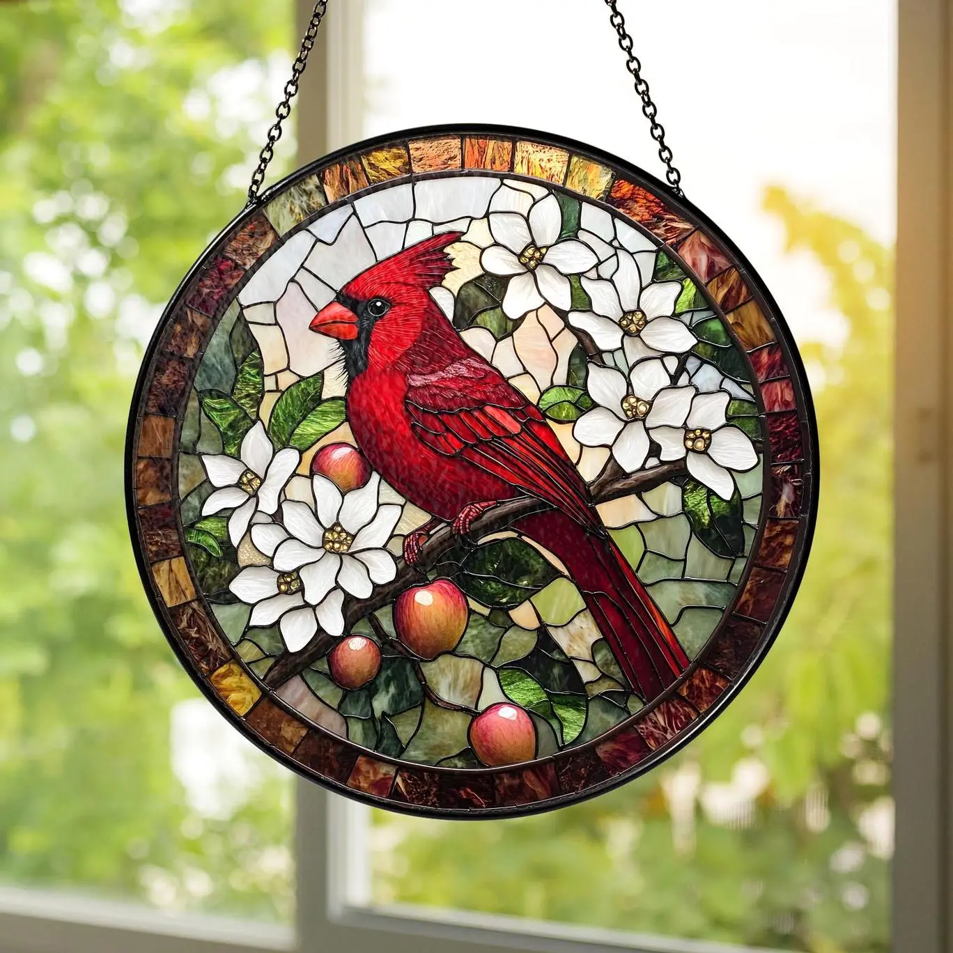 Red Cardinal Stained Glass Suncatcher - Memorial Bird Window Hanging Decor, Vibrant Red Bird Light Catcher, Unique Spiritual Gift for Bereavement & Nature Lovers