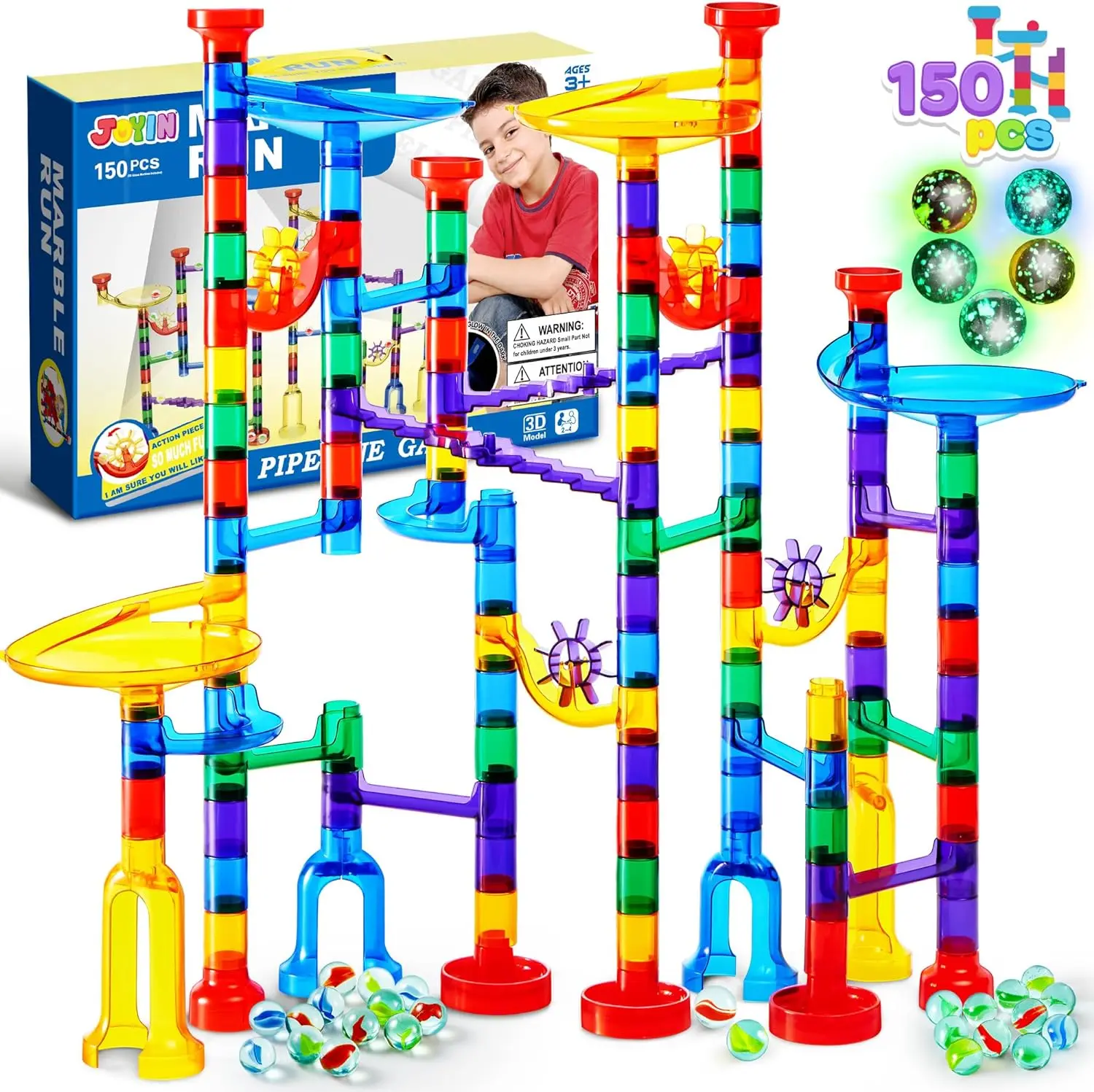 150Pcs Glowing Marble Run- Construction Building Blocks Toys with 5 Glow in The Dark Glass Marbles, STEM Educational Building Block Toy Kids Outdoor Play