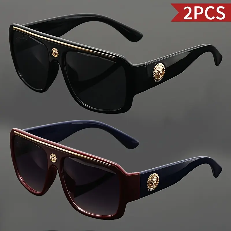 Unisex 2-Piece Retro Full-Rim Square Sunglasses - Lightweight Polycarbonate (PC) Frames with Metal Head Decoration, Men's Accessories, Women's Gifts for Beach & Daily Wear
