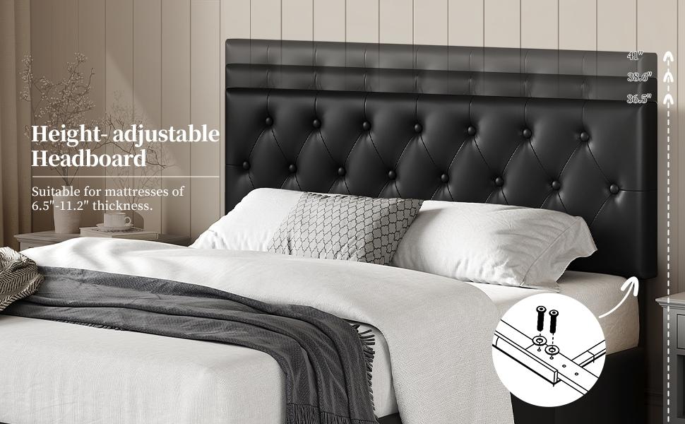 【3 Drawers Storage】Yaheetech Bed Frame with Adjustable Headboard, Upholstered Bed Frame with Diamond Button-Tufted Headboard, Sturdy Wood Slat Support, No Box Spring Needed