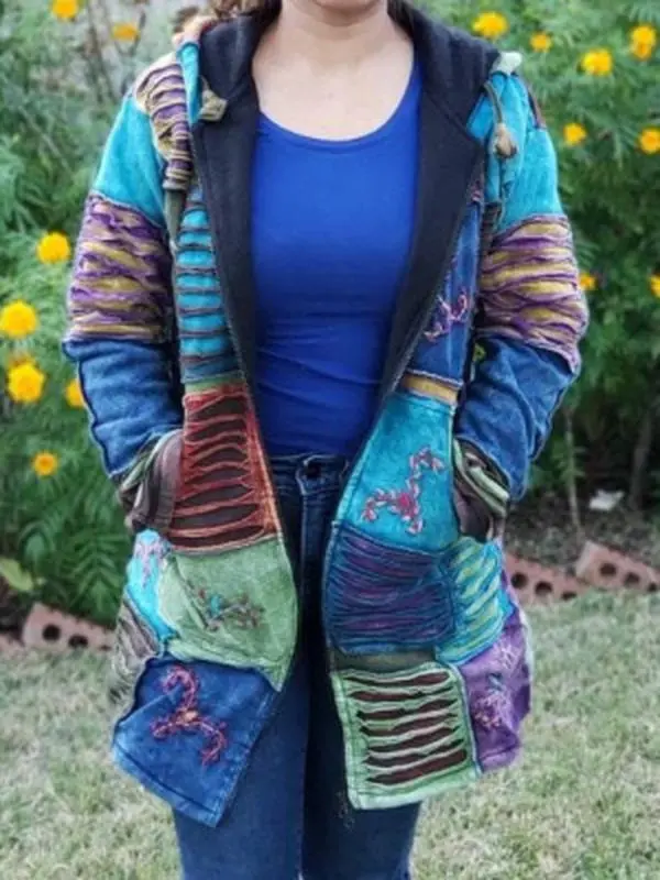 Namaste Printed Women's Fashionable Cutting Design Multicolor Hippie Cotton Hoodie Handmade Jacket
