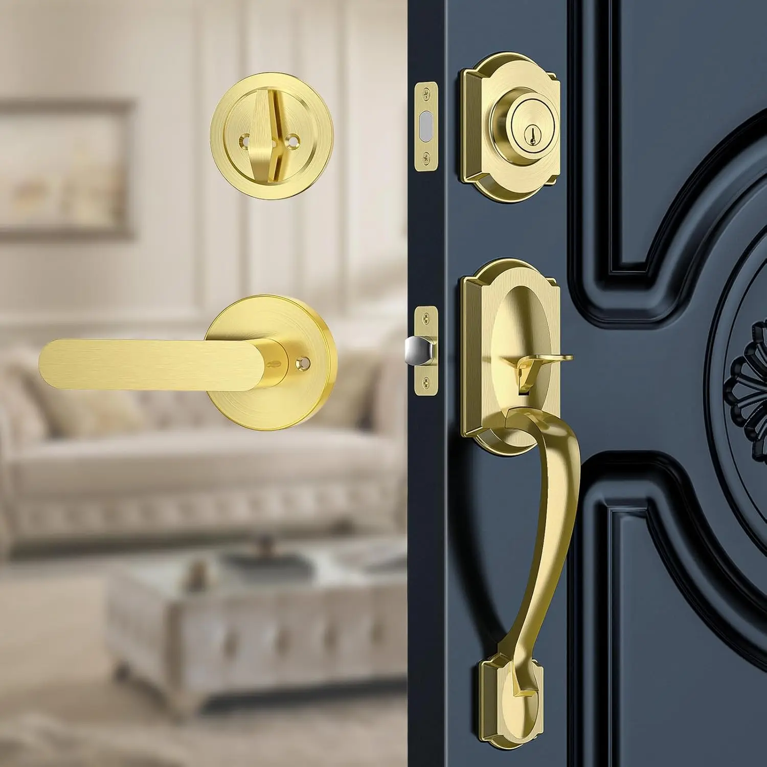 Vintage Front Door Handle Set with Deadbolt Reversible Interior Exterior Entry Lever