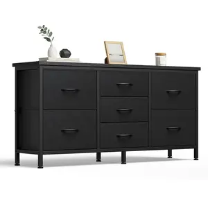 7-Drawer Fabric Dresser for Adults, 47-inch TV Stand for Most 43 to 55 inch TVs, Wide Storage Chest with Metal Frame, Black