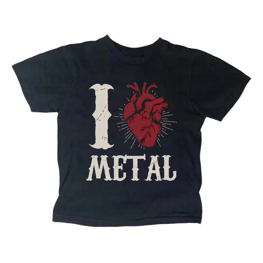 Gothic Metal Baby Tee “I Love Metal” Heart Graphic Shirt, Grunge Alt Rock Crop Top for Women, Heavy Metal Aesthetic Tee, Emo Punk Outfit Gift, Y2K Dark Style Top