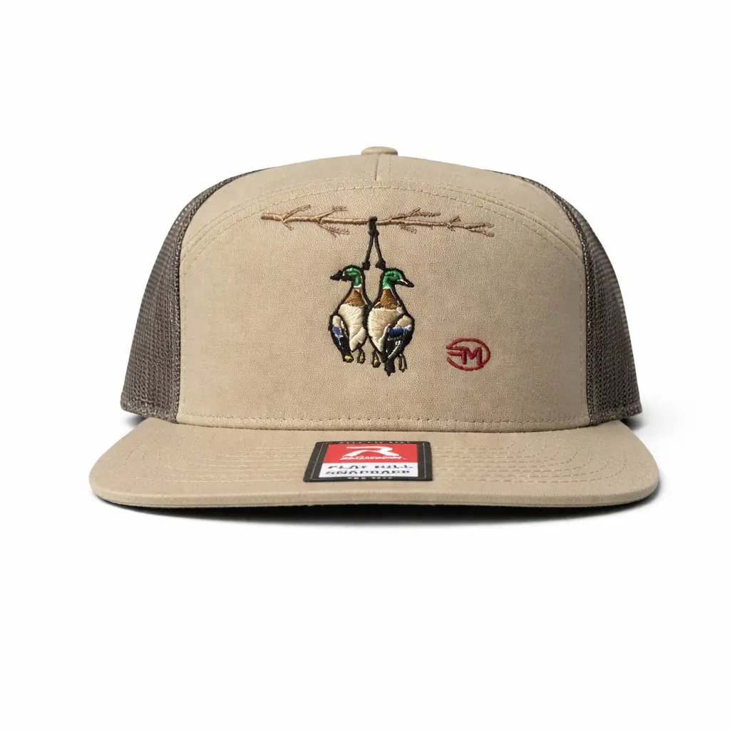 Richardson 7 Panel Double Drop Hat with Two Ducks Strapped to a Limb for Outdoor Enthusiasts