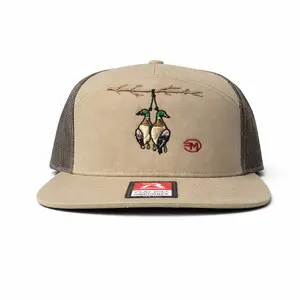 Richardson 7 Panel Double Drop Hat with Two Ducks Strapped to a Limb for Outdoor Enthusiasts