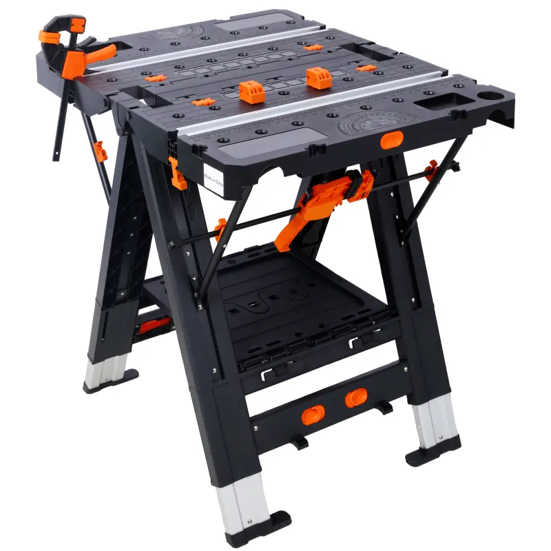 Portable Folding Work Table - 2-in-1 Fold Sawhorse & Workbench with 2 Clamps, Aluminum Legs, 1000 lbs Load Capacity, Easy Transport for Garage, Lawn, Home Repair Reliable Workspace, 1000 Lbs Sawhorse