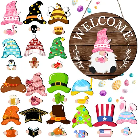 Interchangeable Wooden Gnome Decor Holiday Seasonal Gnome Decorations with 15 Magnet Pieces and 15 Detachable Hats Gnome Changeable Welcome Sign for Home