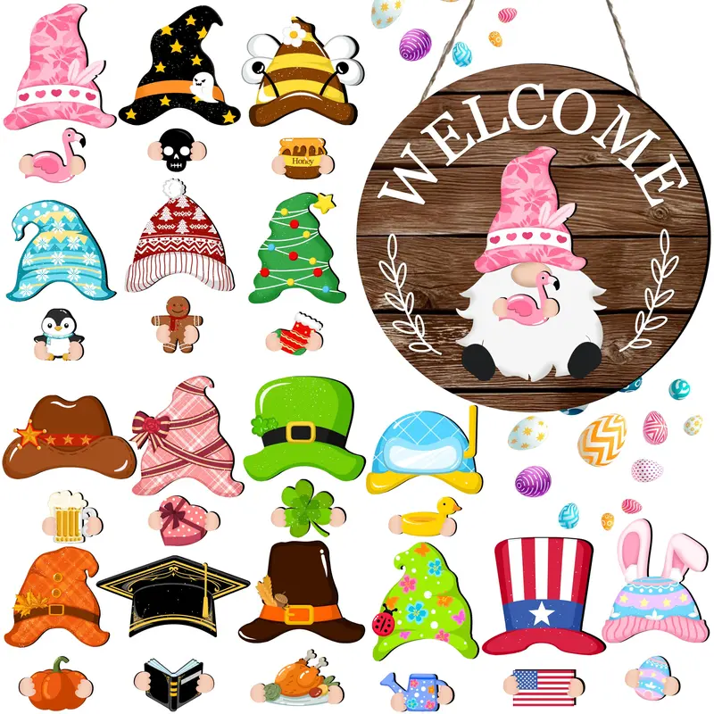 Interchangeable Wooden Gnome Decor Holiday Seasonal Gnome Decorations with 15 Magnet Pieces and 15 Detachable Hats Gnome Changeable Welcome Sign for Home