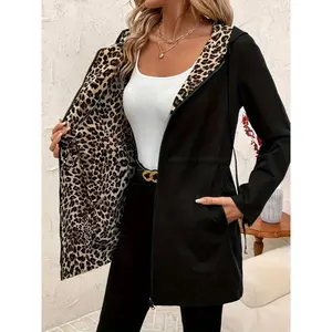 [Leopard Print Hooded Jacket] Lightweight Polyester Women's Elegant Leopard Print Hooded Jacket | Double-Sided Open Front Spring/Fall Outerwear, Machine Washable | Stylish Leopard Print | Spring Jacket