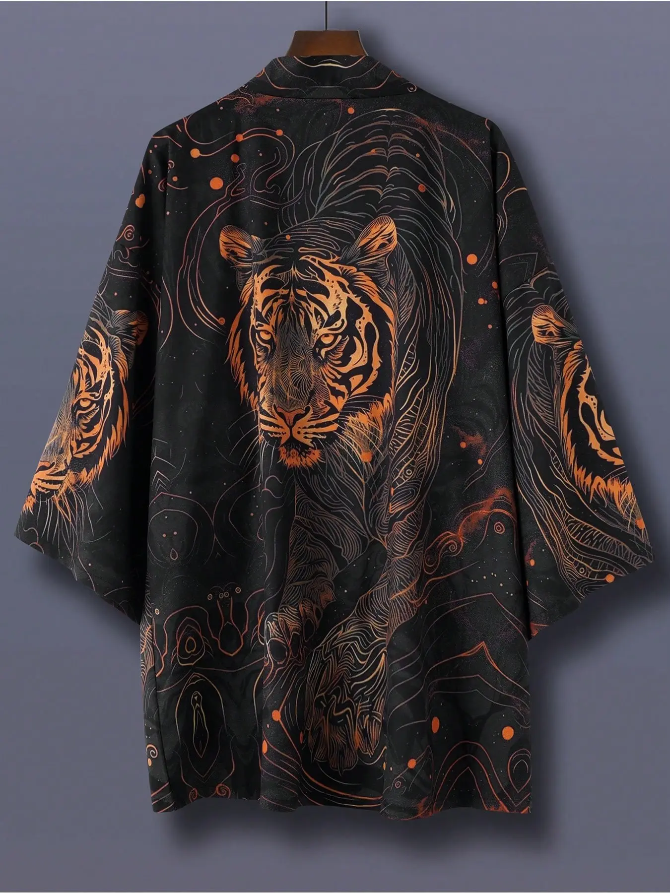 Unisex Loose Fit Streetwear Shirt, Japanese Style Kimono Seven-Quarter Sleeve Tiger Head Print Robe, Summer Casual Jacket for Couples Garment
