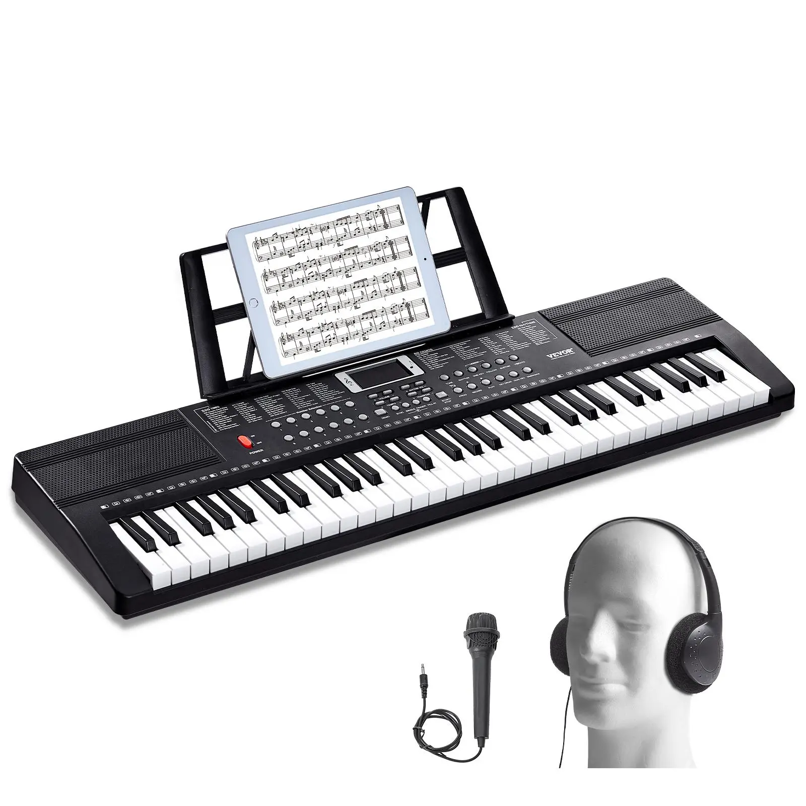 【Summerfinds】VEVOR 61 Key Digital Keyboard Piano,  , 200 Tones 200 Rhythms, Electric Portable Piano Keyboard Kit with 60 Demo Songs Built-In Dual Speakers Headphones Microphone, Piano Stickers for Beginners Learning