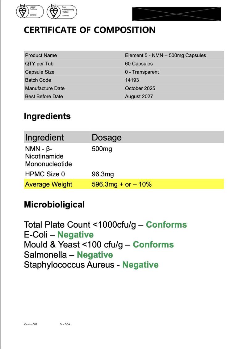 Element 5 NMN – 60 x 500mg Capsules – >99% Pure Nicotinamide Mononucleotide (NMN)
