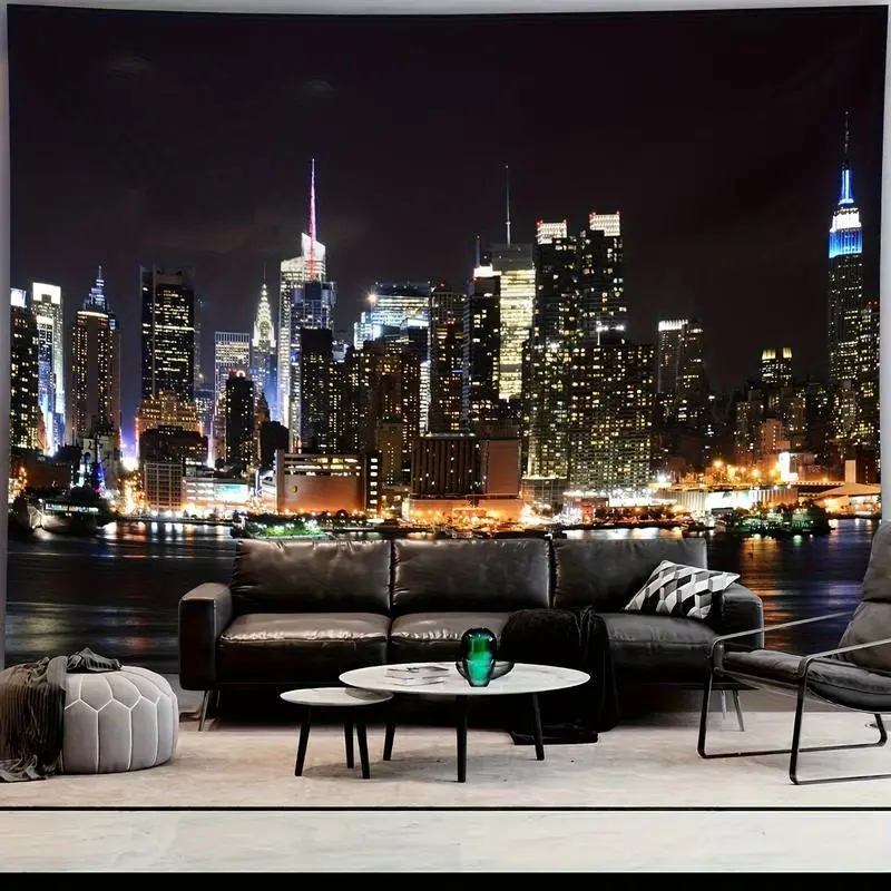 Modern Night Cityscape Tapestry Wall Hanging - Standard Hand-Sewn Synthetic Fabric, Fade-Resistant, Lightweight, Machine-Washable, Horizontal Skyscraper & Water Reflection Mural for Living Room, Dorm Wall Decor (Home Inspo)