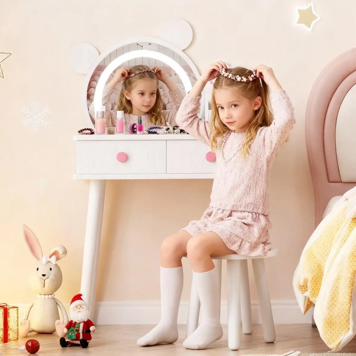 Garvee Kids' Changing Table with Lights, Adorable Bear-Shaped Vanity with Mirror and Storage Drawers, Wooden Princess Makeup Table Set for Toddlers