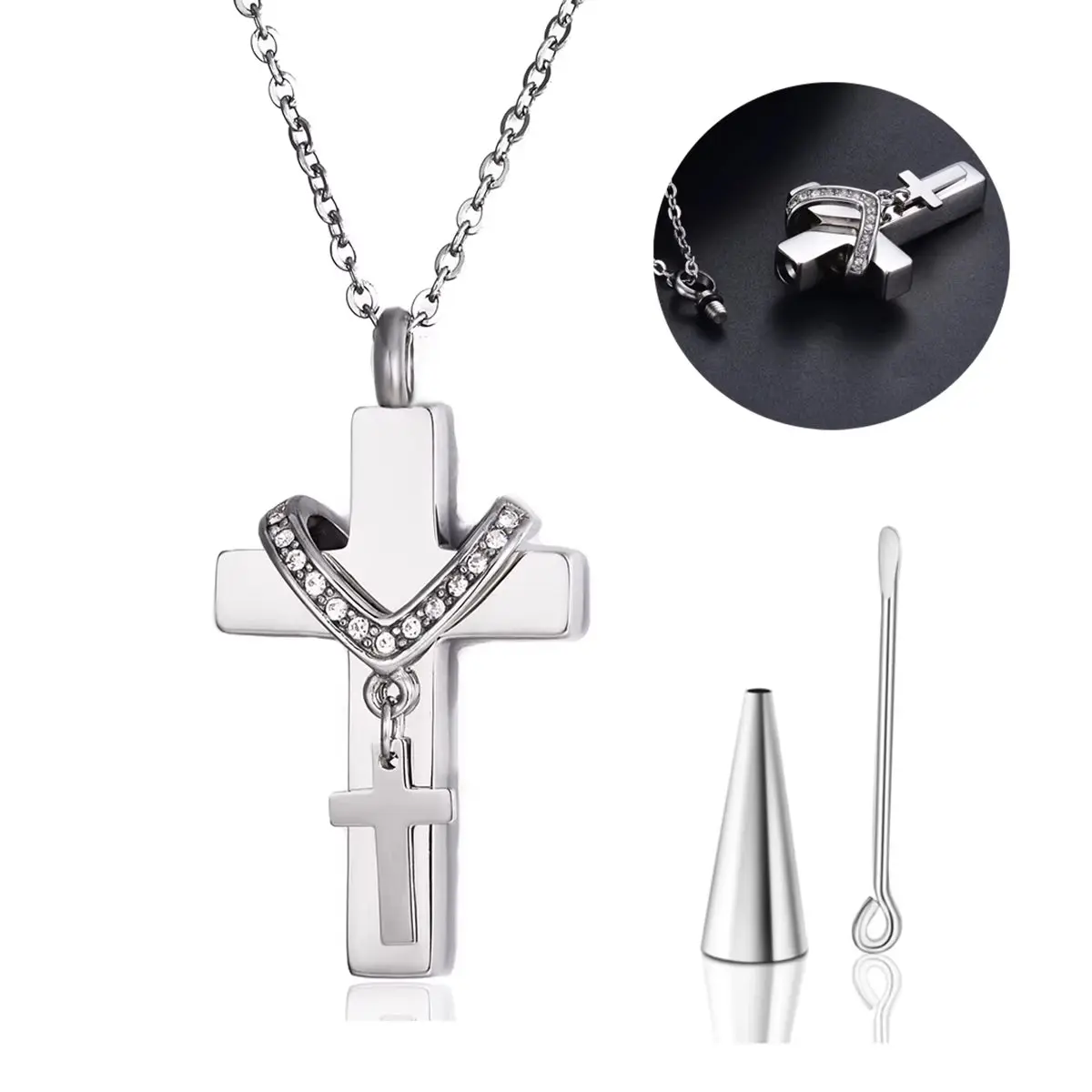Double Cross Cremation Necklace, Polished Stainless Steel Sympathy Gift, Unisex Memorial Pendant with Discreet Urn & 20-Inch Chain, Filling Funnel And Pin, Discreet Urn Function, Acrylic, Includes Funnel, Inner Urn