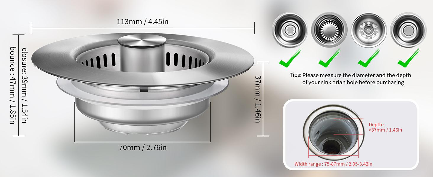 2PACK Upgraded 3 in 1 Kitchen Sink Drain Strainer - Stainless Steel Sink Stopper, Anti-Clogging Sink Food Catcher Basket,for US Standard 3 1/2 inch Drain (1)