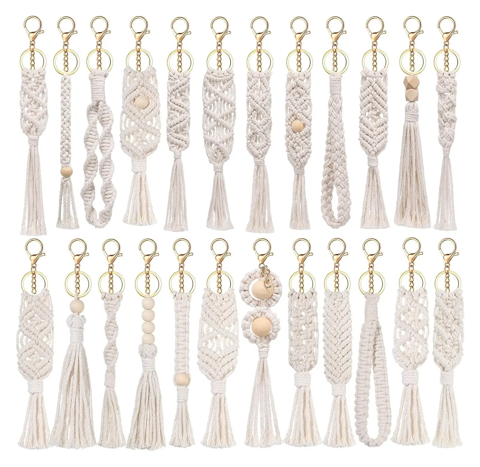 24 Pcs Boho Macrame Keychains Bulk Tassel Bag Charms Keyring BeigeGift