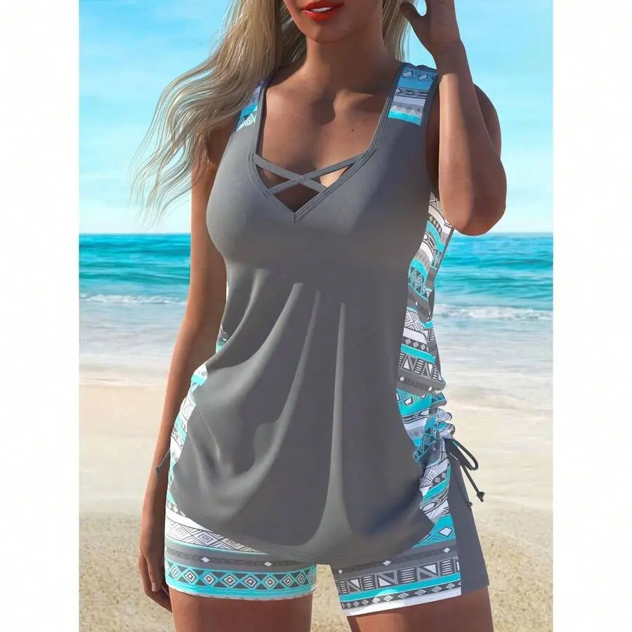 Women's Plus Size Tankini Swimsuit, 2-Piece Criss Cross V-Neck Loose Fit Top with Tropical Print Shorts, Tummy Control Curvy Beachwear Set, Tankini Outfit, Women's Clothes, Swim Tankini Tops